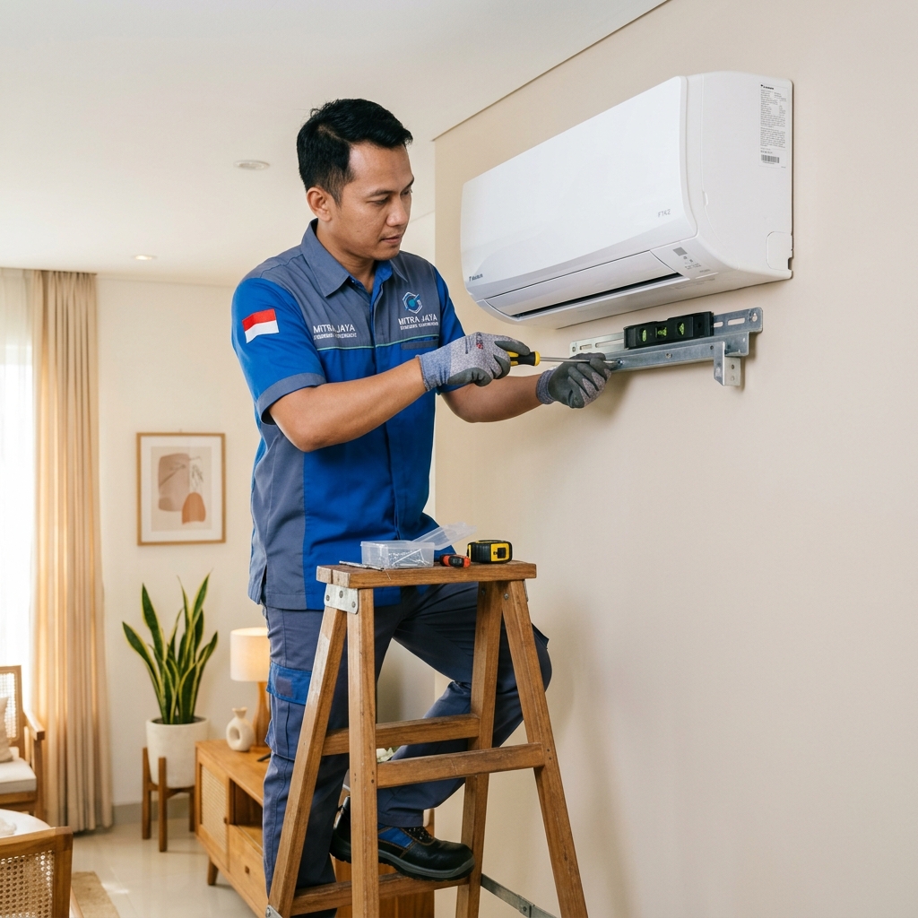 Teknisi Indahan Jaya Service sedang memasang unit AC indoor baru pada dinding ruangan keluarga menggunakan waterpas