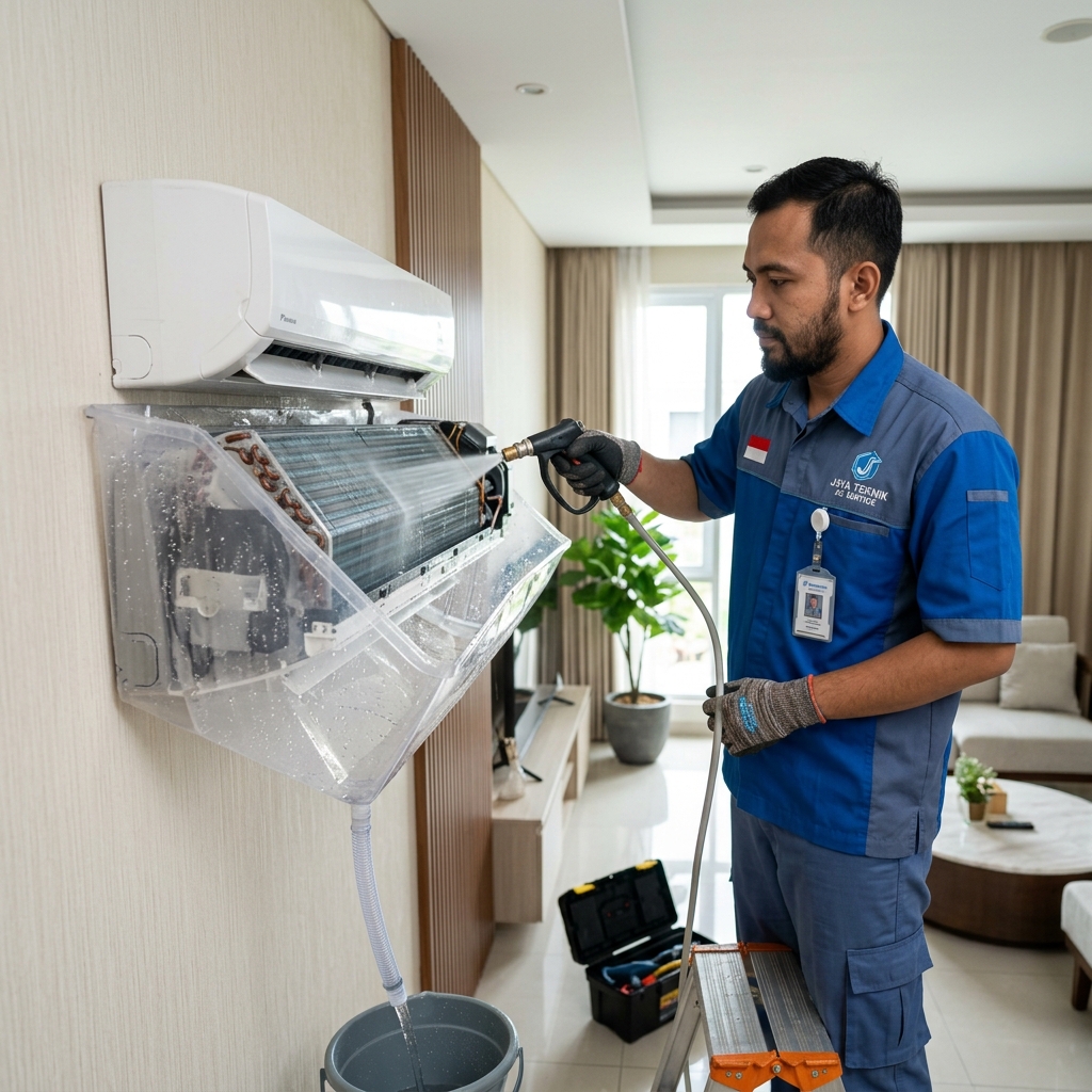 Teknisi Indahan Jaya Service sedang melakukan pencucian AC evaporator unit indoor menggunakan semprotan air bertekanan tinggi