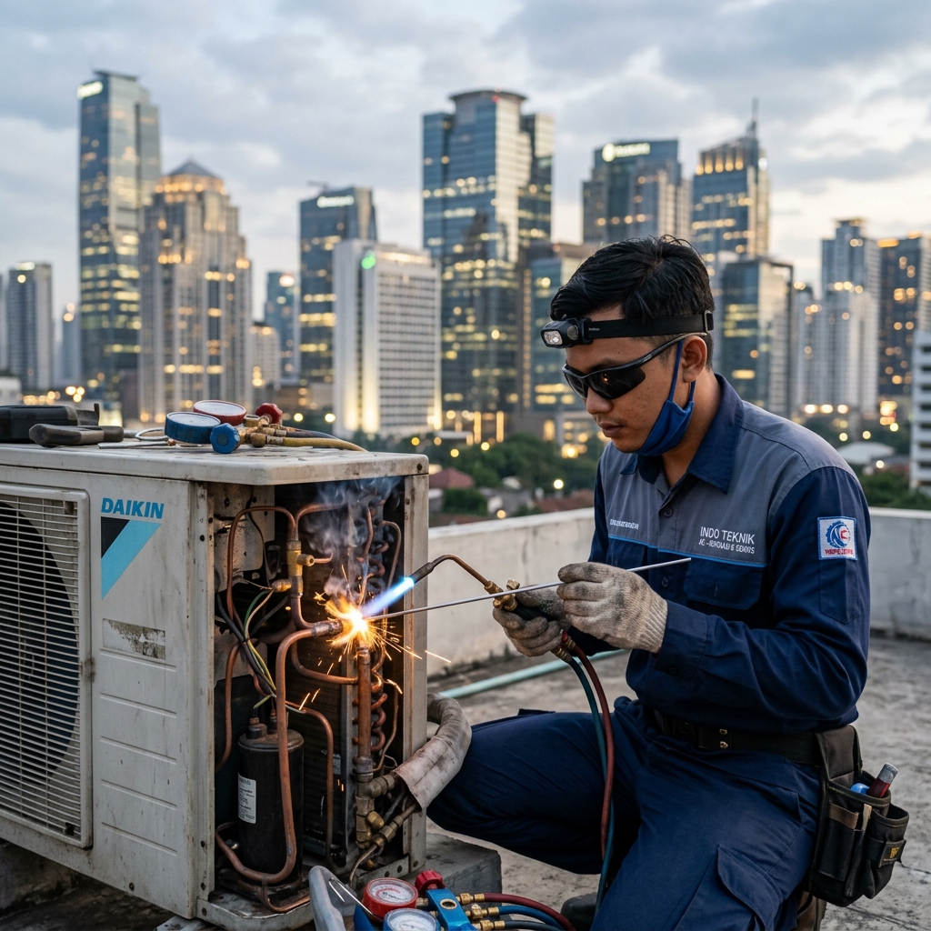 Teknisi Indahan Jaya Service sedang melakukan pengelasan pipa tembaga kompresor outdoor AC yang bocor berlatar SCBD Jakarta